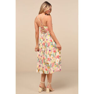 Lulus Aleyna Yellow Abstract Pleated Lace-up Bustier Midi Dress - Size L